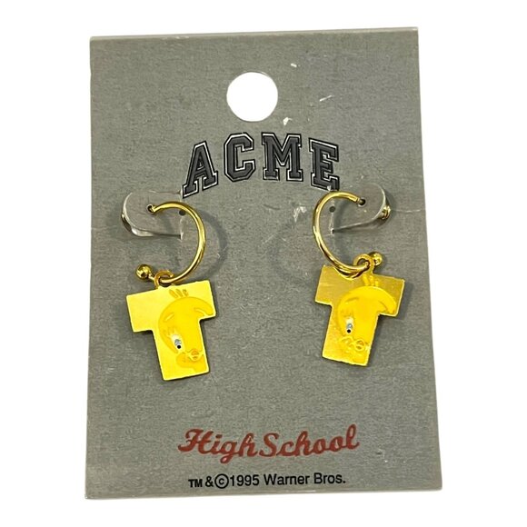 NEW 1995 Warner Brothers Tweety Bird Dangle Earrings ACME High School Gold - Picture 1 of 5